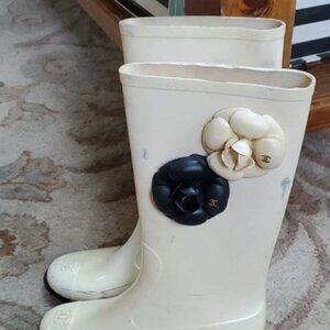 Chanel Camellia rubber cream flower rain boots